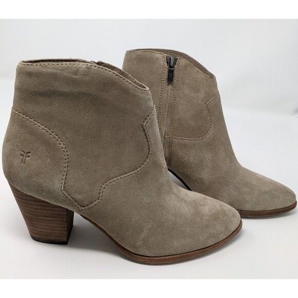 Frye Suede Leather Western Ankle Booties Heeled Taupe Zip Size 7M NEW - Picture 1 of 10